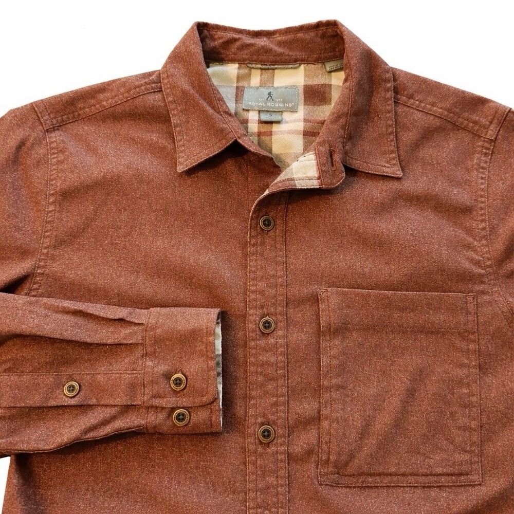 Royal Robbins Shirt Mens Small Brown Performance Flannel Plaid Trim Hiking - Picture 2 of 9
